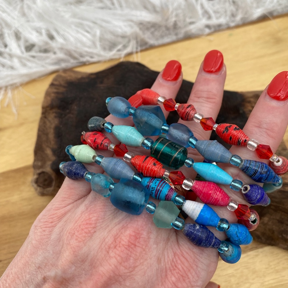 Handcrafted Stretch Recycled Paper Bead Bracelets 2-Piece Set - Picture 2 of 7